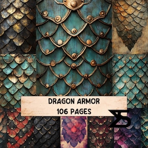 May include: A collage of dragon armor designs in various colors, including teal, bronze, and dark metallic hues. The designs feature scale patterns and ornate metal detailing. The text "DRAGON ARMOR 106 PAGES" is displayed on a beige banner.