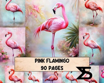 Pink Flamingo vintage junk journal ephemera kit shabby chic tropical collage papers for mixed media travelers notebook paper pack