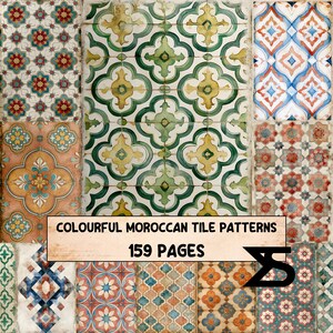 May include: A collection of colourful Moroccan tile patterns displayed across multiple sections, featuring geometric and floral motifs in shades of blue, green, orange, and red. A central text box reads COLOURFUL MOROCCAN TILE PATTERNS 159 PAGES.