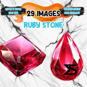 Könnte beinhalten: Zwei facettierte Rubinsteine, einer quadratisch und einer tropfenförmig, werden vor einem Marmorhintergrund gezeigt. Das Bild enthält den Text "29 Images", "Ruby Stone" sowie Details zum Bildformat und zur Auflösung.