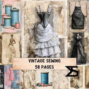 May include: A collage of vintage sewing imagery featuring spools of blue and pink thread, a white corset dress, a black apron, a black gown, dress forms, and sketches. The text VINTAGE SEWING 58 PAGES is centered over the collection of illustrations.