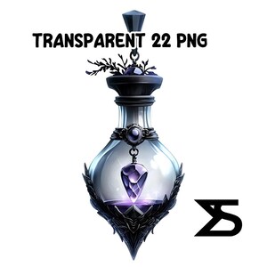 May include: A transparent glass potion bottle with a dark purple gem pendant. The bottle has a black stopper and decorative black accents. The text "TRANSPARENT 22 PNG" is displayed at the top.