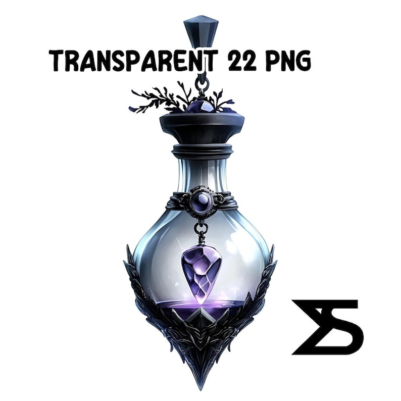 May include: A transparent glass potion bottle with a dark purple gem pendant. The bottle has a black stopper and decorative black accents. The text "TRANSPARENT 22 PNG" is displayed at the top.
