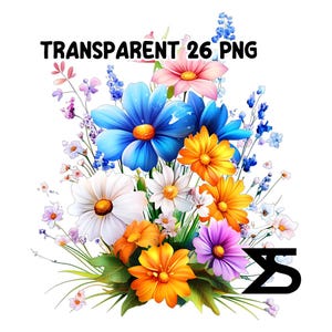 May include: A bouquet of colourful flowers, including blue, white, pink, orange, and purple flowers. The flowers are arranged in a cluster and have green leaves.