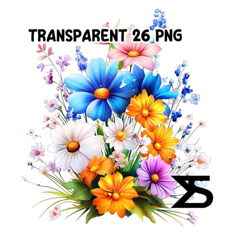 May include: A bouquet of colourful flowers, including blue, white, pink, orange, and purple flowers. The flowers are arranged in a cluster and have green leaves.