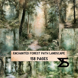 May include: A digital collection of 158 pages featuring various forest path landscapes. The images display lush green trees, winding dirt trails, and soft natural lighting in a painterly style. The text ENCHANTED FOREST PATH LANDSCAPE 158 PAGES is visible.