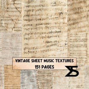 Könnte beinhalten: Eine Sammlung gealterter, beigefarbener Papierbögen mit schwarzer gedruckter musikalischer Notation und Notenlinien. Ein rechteckiges Overlay zeigt den Text VINTAGE SHEET MUSIC TEXTURES 151 PAGES neben einem schwarzen Logo.