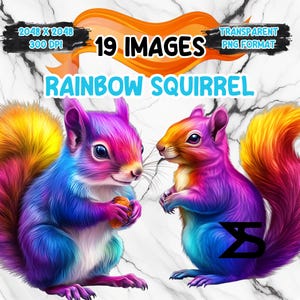 May include: Digital art featuring two colorful squirrels with rainbow-colored fur and tails. The image includes text that reads "19 IMAGES" and "RAINBOW SQUIRREL". The background is a white marble pattern.