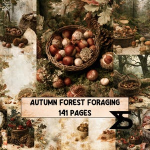Puede incluir: Un collage digital de escenas de bosque otoñal con cestas de mimbre llenas de castañas, bellotas y setas. El texto AUTUMN FOREST FORAGING 141 PAGES está centrado sobre un fondo rectangular de color tostado claro con un logotipo negro a la derecha.