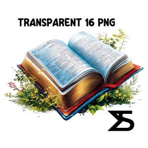 May include: An open book with gold-colored pages and a blue cover. The book is surrounded by green leaves and flowers. The text on the book reads "TRANSPARENT 16 PNG".