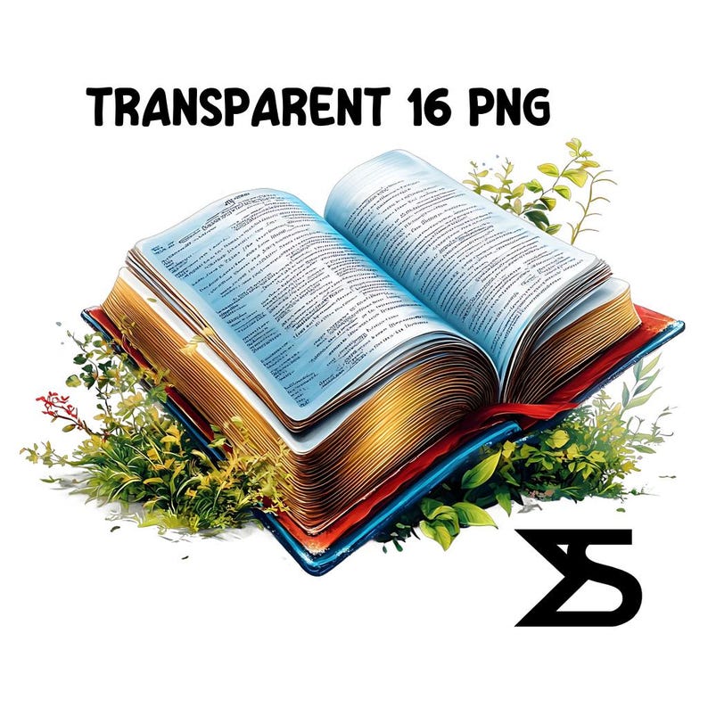 May include: An open book with gold-colored pages and a blue cover. The book is surrounded by green leaves and flowers. The text on the book reads "TRANSPARENT 16 PNG".