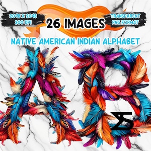 Puede incluir: Ilustración digital de las letras "A" y "B" formadas con plumas coloridas, en un estilo de alfabeto nativo americano. La imagen incluye texto que dice "26 Imágenes" y "Formato PNG Transparente", sobre un fondo de mármol.