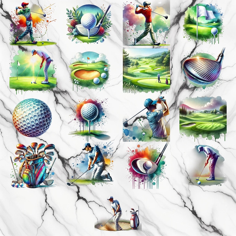Puede incluir: Un collage de ilustraciones de acuarela que representan varios aspectos del golf. Las im&aacute;genes incluyen golfistas balance&aacute;ndose, pelotas de golf, palos de golf y una bolsa de golf. Las ilustraciones est&aacute;n sobre un fondo de m&aacute;rmol blanco.