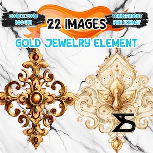 Könnte beinhalten: Goldene Schmuckelemente im PNG-Format. Das Bild zeigt zwei verzierte, goldfarbene Dekordesigns. Eines ist eine symmetrische kreuzartige Form, das andere ein florales Design. Der Text im Bild lautet "22 IMAGES" und "GOLD JEWELRY ELEMENT".