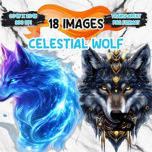 Könnte beinhalten: Zwei digitale Illustrationen von himmlischen Wölfen. Ein Wolf ist blau und lila mit einer sternenklaren, feurigen Mähne. Der andere Wolf ist schwarz und grau mit goldenen Akzenten und einer Krone.