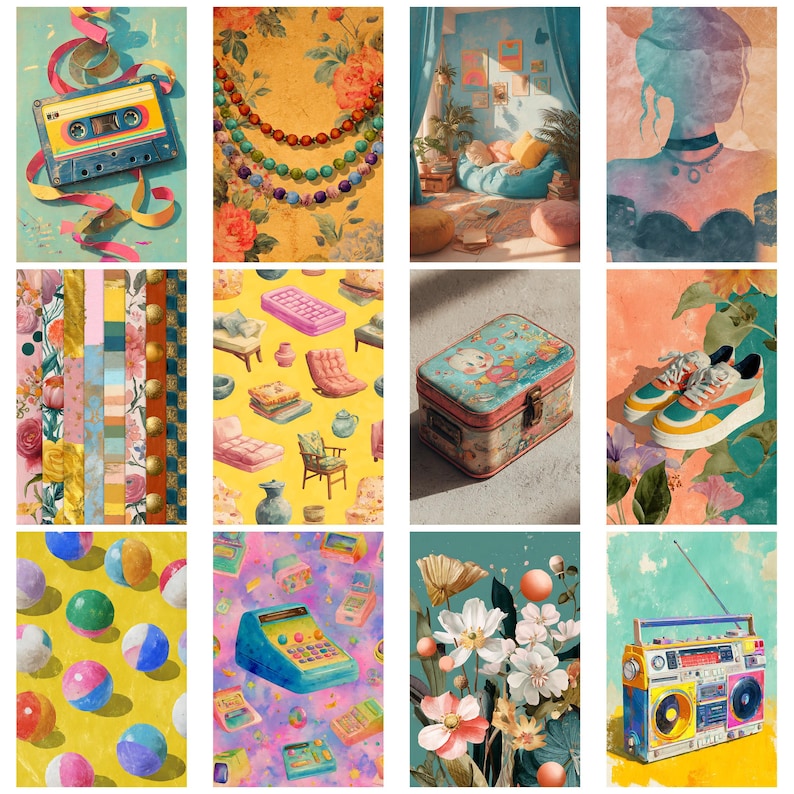 May include: A collection of watercolor illustrations featuring various objects and scenes. Includes a cassette tape with ribbon, a beaded necklace, a cozy room, a silhouette, patterned paper, furniture, a tin box, sneakers, beach balls, calculators, flowers, and a boombox.