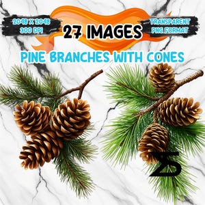 Puede incluir: Imagen digital de ramas de pino con piñas. Las ramas tienen agujas verdes y piñas marrones. La imagen incluye el texto "27 IMAGES" y "PINE BRANCHES WITH CONES". El fondo es un patrón de mármol blanco.