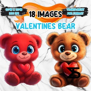 Oso de San Valentín de dibujos animados en acuarela, paquete de imágenes prediseñadas de oso de San Valentín, uso comercial, descarga digital, descarga instantánea