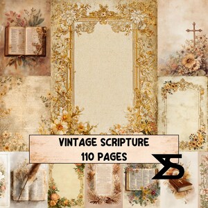 May include: A collage of vintage scripture pages with floral and ornate frame designs. The text "VINTAGE SCRIPTURE 110 PAGES" is displayed on a banner. The color palette includes beige, cream, and gold.