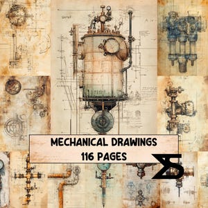 May include: A collection of vintage mechanical drawings on aged paper. The central image shows a detailed illustration of a large industrial machine. The text "MECHANICAL DRAWINGS 116 PAGES" is displayed in a rectangular banner.
