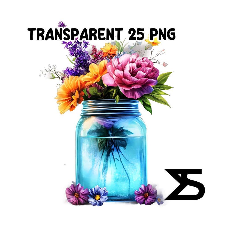 May include: A blue glass jar filled with water and a bouquet of colorful flowers, including pink, orange, yellow, and purple flowers.