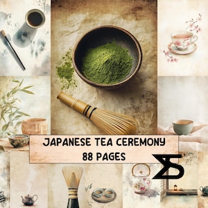Könnte beinhalten: Eine künstlerische Darstellung einer japanischen Teezeremonie. Eine Schale mit grünem Matcha-Pulver, ein Bambusbesen und eine Teetasse mit floralen Akzenten sind zu sehen. Der Text "JAPANESE TEA CEREMONY 88 PAGES" ist ebenfalls sichtbar.