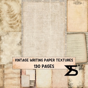 Peut inclure: Un ensemble de 130 textures de papier à lettres vintage présentant divers motifs, dont des empreintes de fougères, du papier ligné, des partitions musicales et des coupures de journaux dans des tons beige, crème et brun avec des effets de papier vieilli.