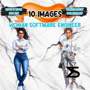Könnte beinhalten: Digitale Illustration mit zwei Frauen in Berufsbekleidung. Das Bild enthält den Text "10 IMAGES" und "WOMAN SOFTWARE ENGINEER". Eine Frau trägt eine Brille, ein weißes Hemd und Jeans. Die andere hält ein Telefon und trägt eine weiße Jacke und graue Hosen.