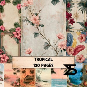 Tropical Vintage Junk Journal Set druckbare ephemera Strand Collage tropische Papiere palmblaetter hibiskus ananas reisejournal zubehoer