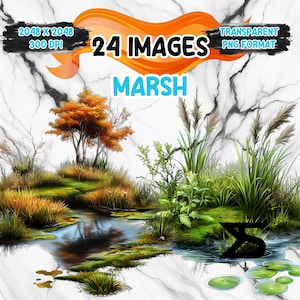 May include: A digital illustration of a marsh scene with a small stream, green reeds, and a fall coloured tree. The image is labelled "24 IMAGES MARSH" and "TRANSPARENT PNG FORMAT".