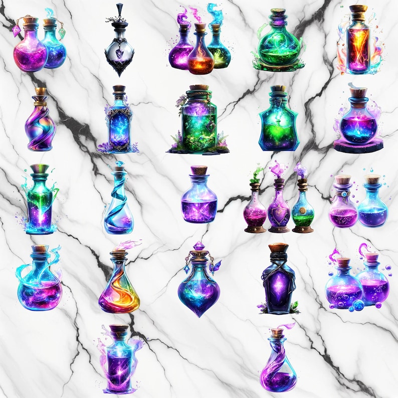 May include: A collection of colorful potion bottles with cork stoppers. The bottles are filled with vibrant liquids in shades of purple, blue, green, and orange. The background is a white marble pattern.