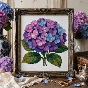 Hydrangea Blossom In Soft Colors - cross stitch kit with chart, dmc threads, aida fabric, floss included, instant pdf, floral decor gift