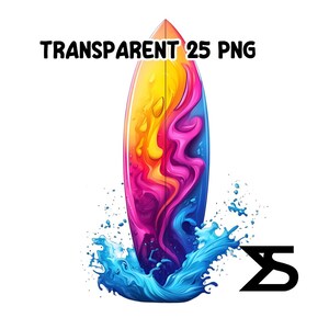 Puede incluir: Un dise&ntilde;o de tabla de surf colorido con una vibrante mezcla de tonos amarillos, rosas y azules. La tabla de surf se representa con un efecto din&aacute;mico de salpicaduras de agua, y el texto "TRANSPARENT 25 PNG" se muestra en la parte superior. Un logotipo estilizado est&aacute; en la esquina inferior derecha.