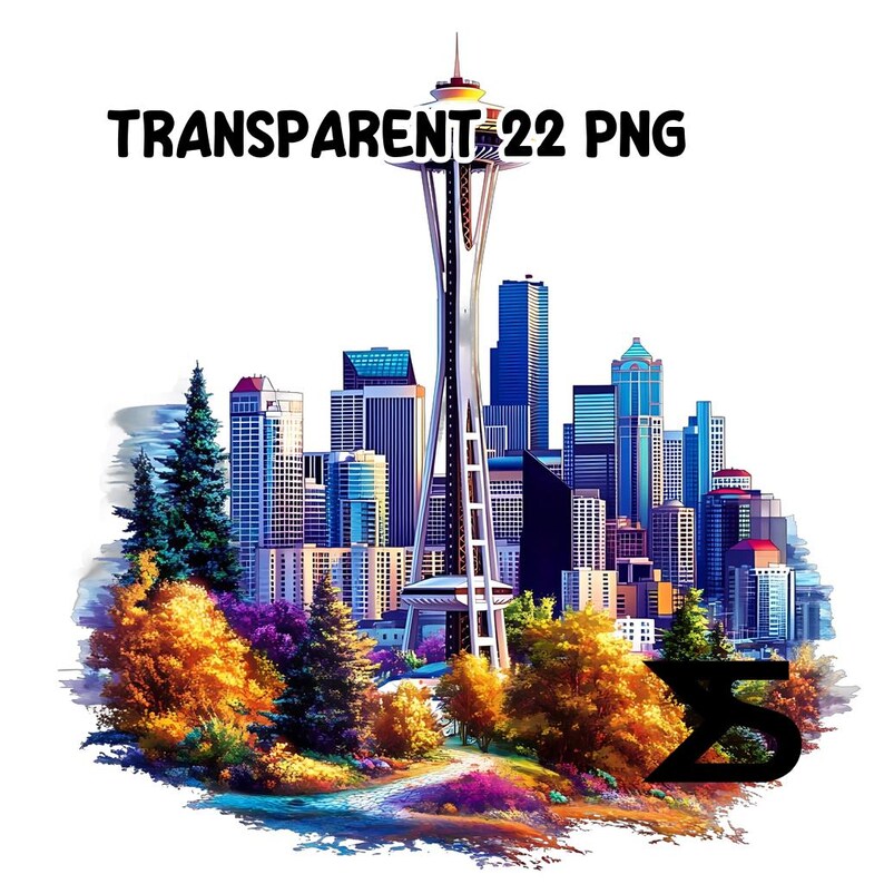 May include: A watercolor illustration of the Seattle skyline featuring the Space Needle, surrounded by trees and foliage. The illustration has a vibrant color palette with shades of blue, green, and orange.