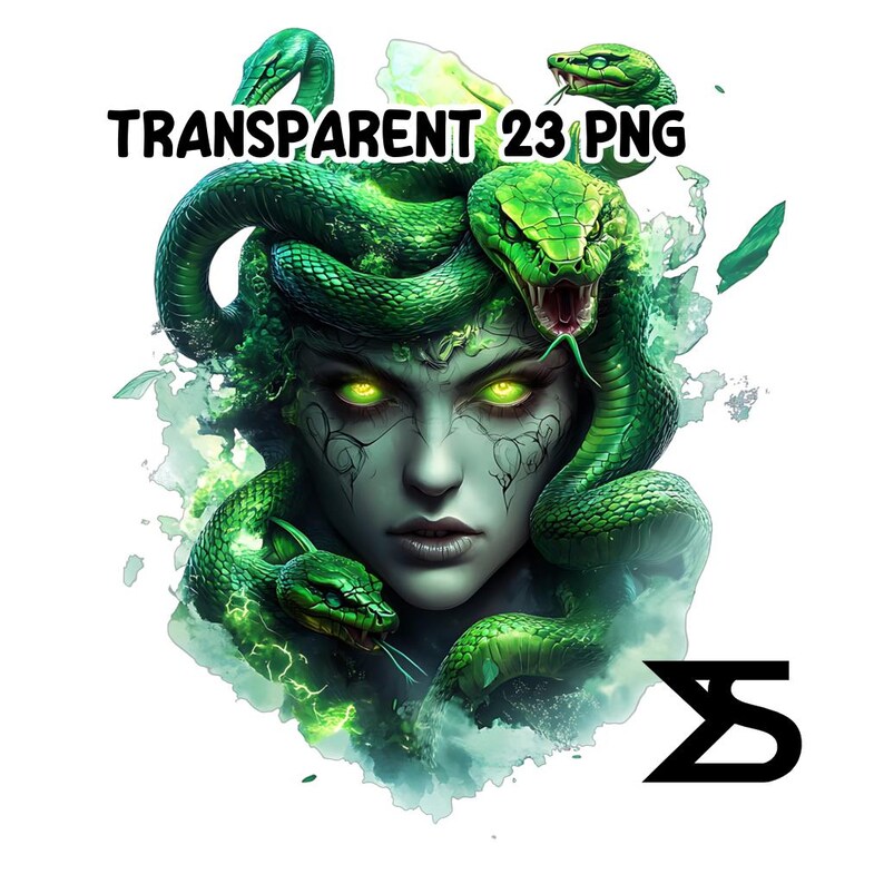 May include: Digital illustration of Medusa with green snakes and glowing yellow eyes. The image includes the text "TRANSPARENT 23 PNG" and a stylized black logo. The artwork features a detailed depiction of the mythological figure.