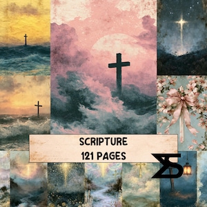 Könnte beinhalten: Eine Sammlung religiöser Illustrationen mit Kreuzen in verschiedenen Umgebungen wie stürmischen Meeren, bewölkten Himmeln und Blumenarrangements. Ein zentrales rechteckiges Etikett zeigt den Text SCRIPTURE 121 PAGES in schwarzer Schrift.