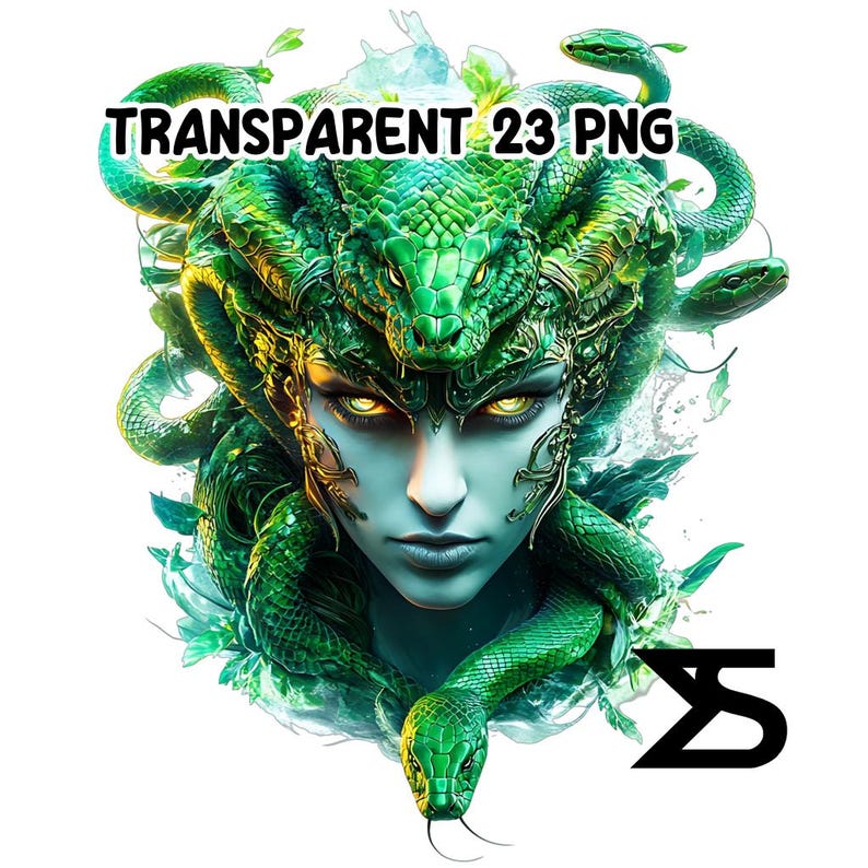 May include: A digital illustration of Medusa with green snakes for hair, a pale face, and glowing yellow eyes. The image includes the text "TRANSPARENT 23 PNG" and a stylized "S" logo in black.