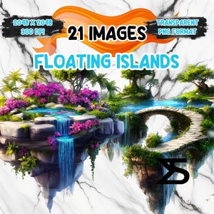 Puede incluir: 21 imágenes digitales de islas flotantes con cascadas, puentes y exuberante vegetación. Las islas están rodeadas de agua azul y tienen un ambiente fantástico y de fantasía. El texto "21 IMAGES" y "FLOATING ISLANDS" es visible en la imagen.