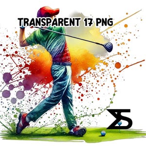 Puede incluir: Una ilustraci&oacute;n de acuarela de un golfista balanceando un palo, con salpicaduras de pintura coloridas en el fondo. El golfista lleva un sombrero rojo, una camisa verde y pantalones azules. La imagen tiene el texto "TRANSPARENT 17 PNG" en la parte superior.