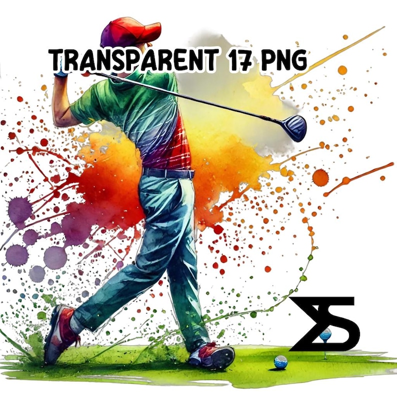Puede incluir: Una ilustraci&oacute;n de acuarela de un golfista balanceando un palo, con salpicaduras de pintura coloridas en el fondo. El golfista lleva un sombrero rojo, una camisa verde y pantalones azules. La imagen tiene el texto "TRANSPARENT 17 PNG" en la parte superior.
