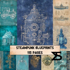 Puede incluir: Una colección de planos steampunk en tonos azules, turquesas y beige. Los diseños incluyen un traje de buceo, un carruaje y otras ilustraciones mecánicas. El texto "STEAMPUNK BLUEPRINTS 115 PAGES" se muestra en una pancarta.