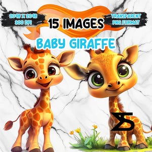 15 jirafas bebé de dibujos animados en acuarela, paquete de imágenes prediseñadas de jirafas bebé, uso comercial, descarga digital, descarga instantánea