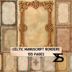 May include: A collection of rectangular paper sheets featuring various intricate decorative borders with Celtic-inspired patterns, parchment-style textures, and earthy color palettes, with text overlay reading CELTIC MANUSCRIPT BORDERS 155 PAGES.