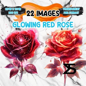 Watercolor Glowing Red Rose PNG Image, Valentines Clipart bundle, commercial use, digital download, instant download