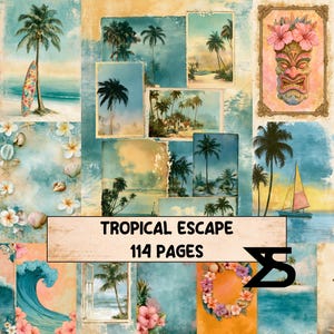 Tropical Escape vintage junk journal kit with tropical ephemera beach papers shells collage stickers printable tags and journaling cards