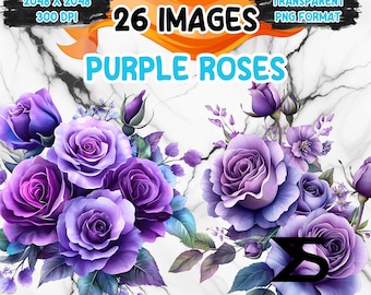 Watercolor Purple Roses PNG Image on transparent background, digital Sticker/Scrappbooking , commercial use, instant digital download