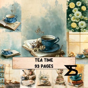 Könnte beinhalten: Eine Collage aus Illustrationen zum Thema Tee mit blau-weißen Teetassen, Untertassen, alten Büchern, getrockneten Blumen und Zitronenscheiben. Der zentrale Text lautet TEA TIME 93 PAGES, ergänzt durch ein schwarzes geometrisches Logo auf beigem Grund.