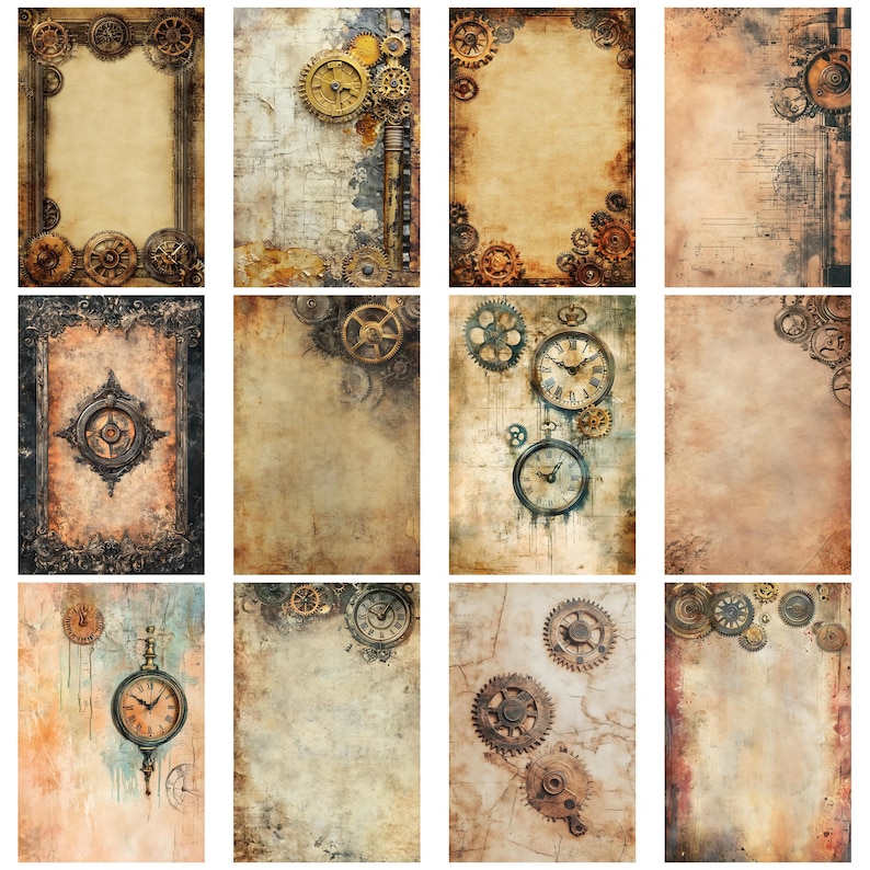Op de afbeelding: Een verzameling digitale papieren met steampunk-thema. Elk papier heeft een vintage, verouderde achtergrond met ingewikkelde uurwerktandwielen en -raderen in tinten brons, koper en goud. Sommige papieren bevatten zakhorloges en sierlijke frames.