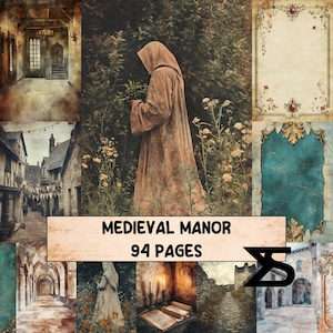 Puede incluir: Un collage de imágenes de temática medieval, que incluye una persona con una túnica con capucha, detalles arquitectónicos y bordes decorativos. El texto "MEDIEVAL MANOR 94 PAGES" se muestra en una pancarta.