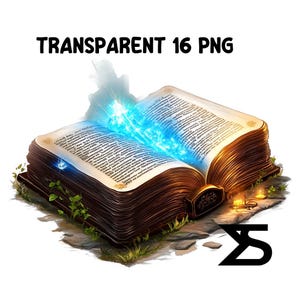 May include: An open, antique-looking book with gold accents and pages filled with text.  A blue glow emanates from the book, creating a magical effect.  The book is resting on a bed of green grass and rocks.